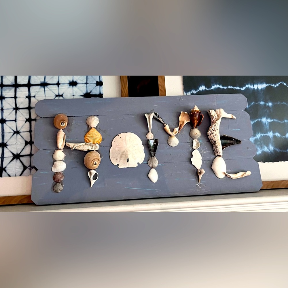 Handmade HOME sign made of Sea Shells on Lavender Blue Wood.
